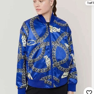 Nike Silky Chain Printed Bomber Jacket Blue Gold Just Do It Size M